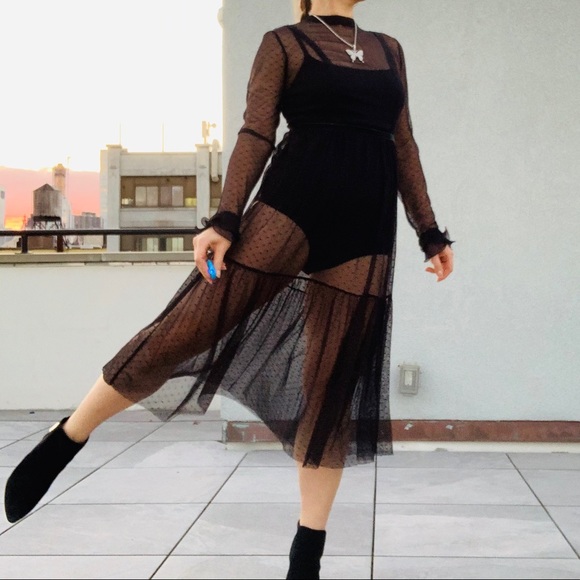 Who What Wear Boho Sheer Full Lace Mesh Long Dress - Picture 6 of 16